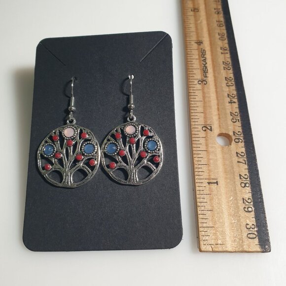 Tree Of Life Earrings Silver Tone Red Blue Pink Dangle Hook Jewelry Boho Gift - Picture 3 of 4